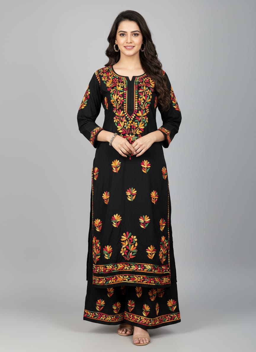 Women’s Black Floral Embroidered Anarkali Suit Set | Multicolor Thread Work Kurta with Pant