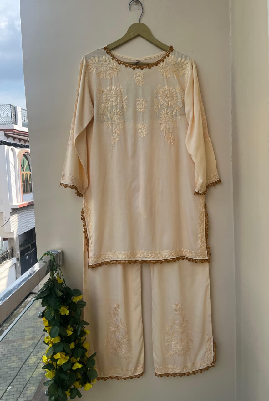 Handcrafted Lucknowi Chikankari Co-ord Set | Embroidered Kurta & Palazzo Pant Set with Contrast Crochet Lace