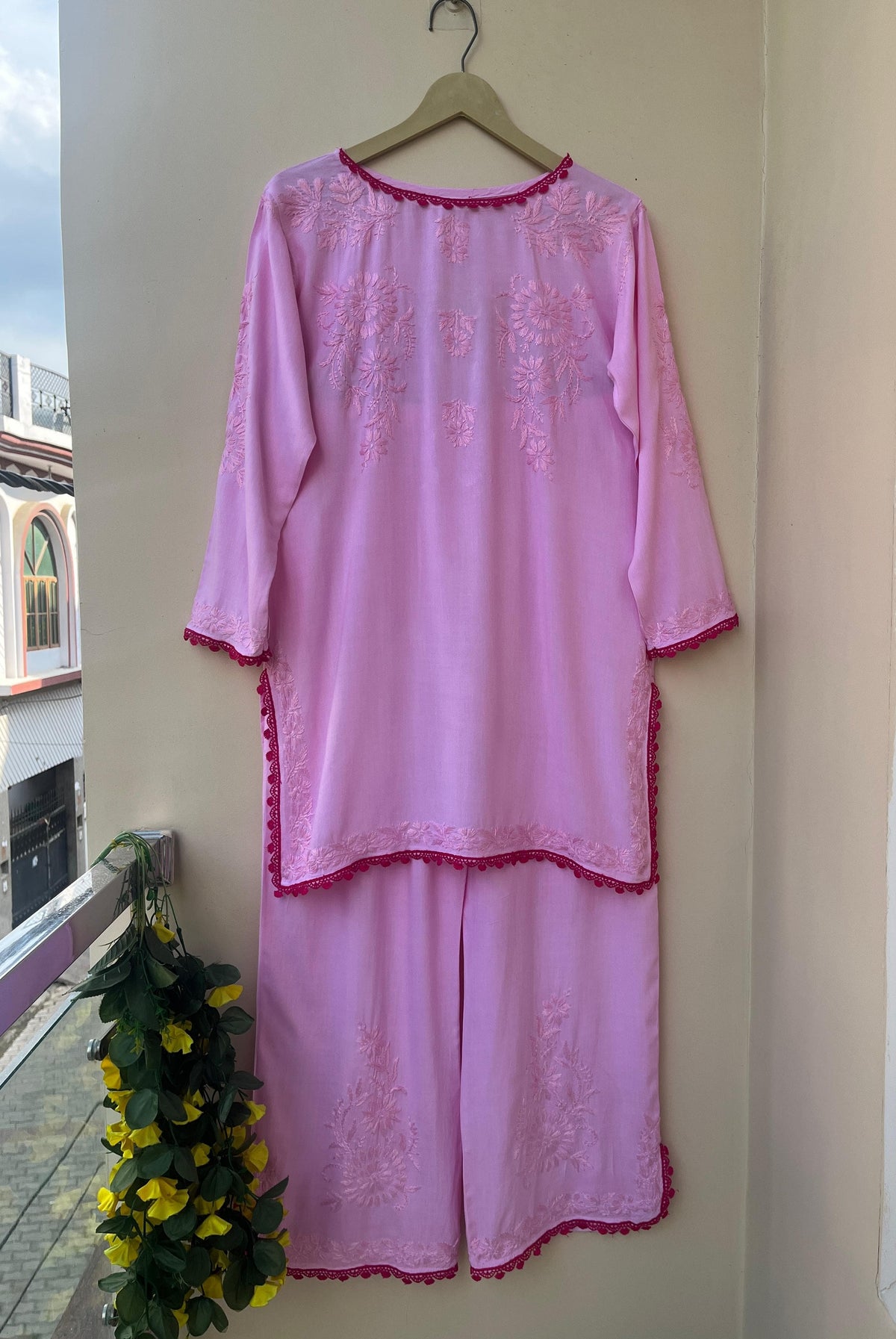Handcrafted Lucknowi Chikankari Co-ord Set | Embroidered Kurta & Palazzo Pant Set with Contrast Crochet Lace