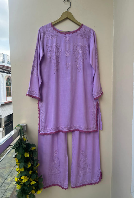 Handcrafted Lucknowi Chikankari Co-ord Set | Embroidered Kurta & Palazzo Pant Set with Contrast Crochet Lace