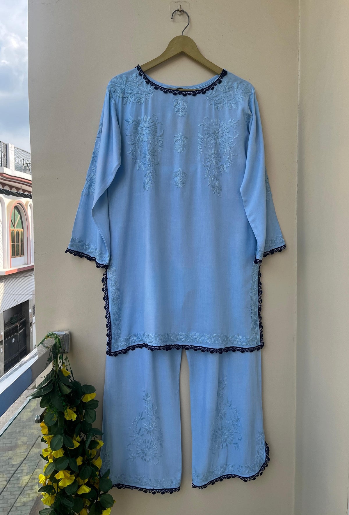 Handcrafted Lucknowi Chikankari Co-ord Set | Embroidered Kurta & Palazzo Pant Set with Contrast Crochet Lace