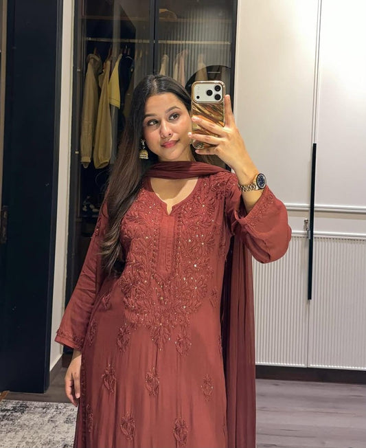 Women’s Rust Maroon Embroidered 3-Piece Kurta Set with Dupatta