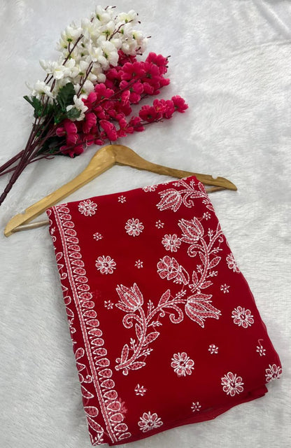 Handcrafted Lucknowi Chikankari Georgette Saree with Mukaish Sequin Detailing