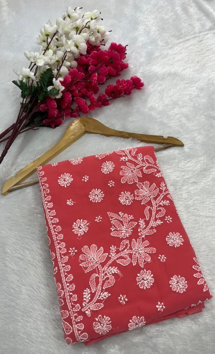 Handcrafted Lucknowi Chikankari Georgette Saree with Mukaish Sequin Detailing
