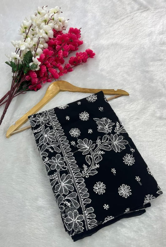 Handcrafted Lucknowi Chikankari Georgette Saree with Mukaish Sequin Detailing
