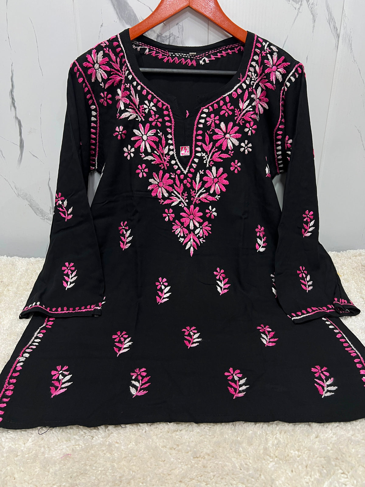 Black Lucknowi Chikankari Cotton Short Kurti with Contrast Dual-Tone Floral Embroidery