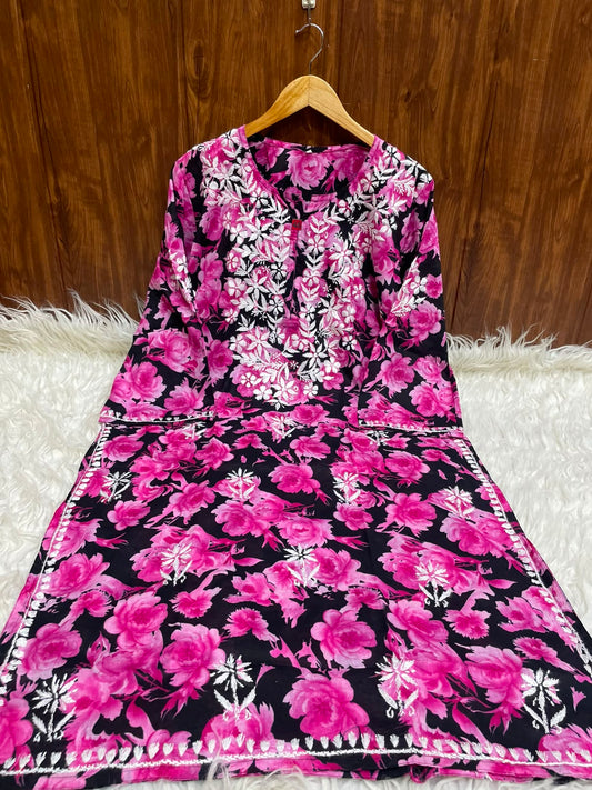 Women’s Black Floral Printed Embroidered Kurta