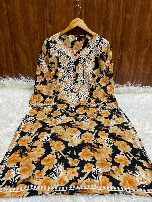 Women’s Black Floral Printed Embroidered Kurta