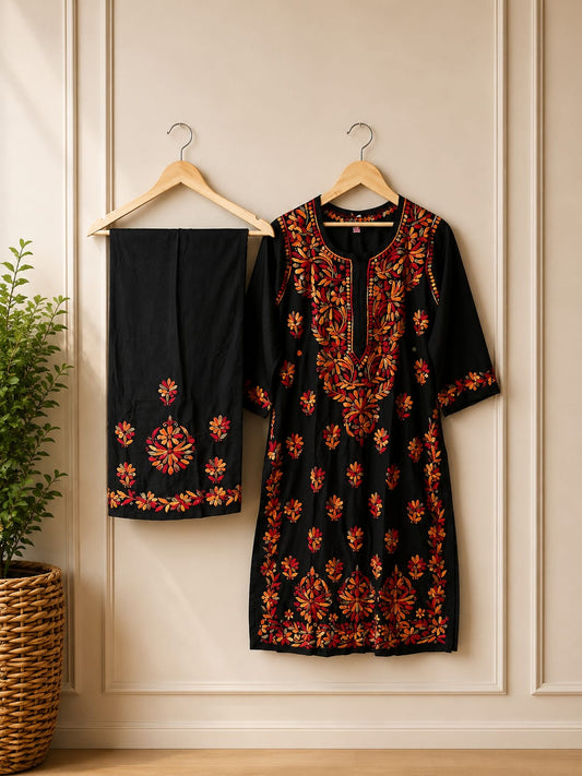 Black Floral Embroidered Kurta with Matching Pants for Women