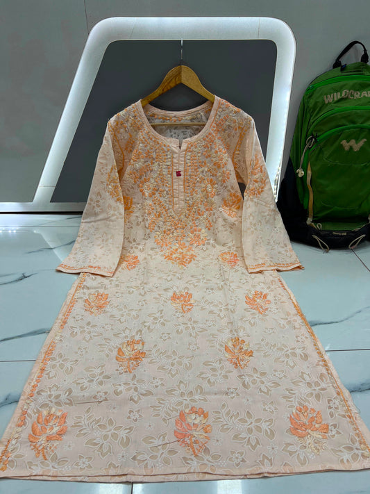 Handcrafted Lucknowi Chikankari Floral Printed Cotton Long Kurta