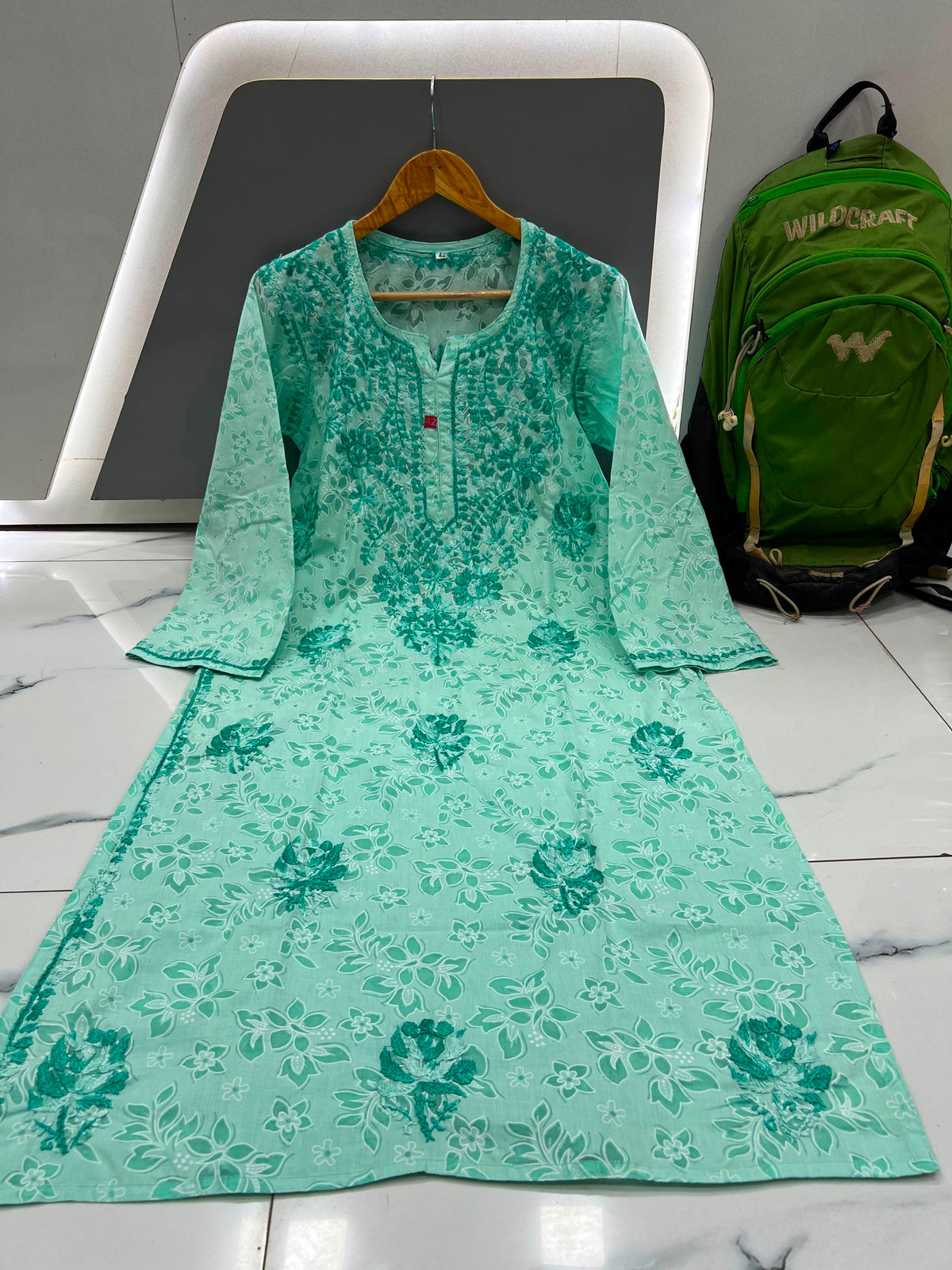 Handcrafted Lucknowi Chikankari Floral Printed Cotton Long Kurta