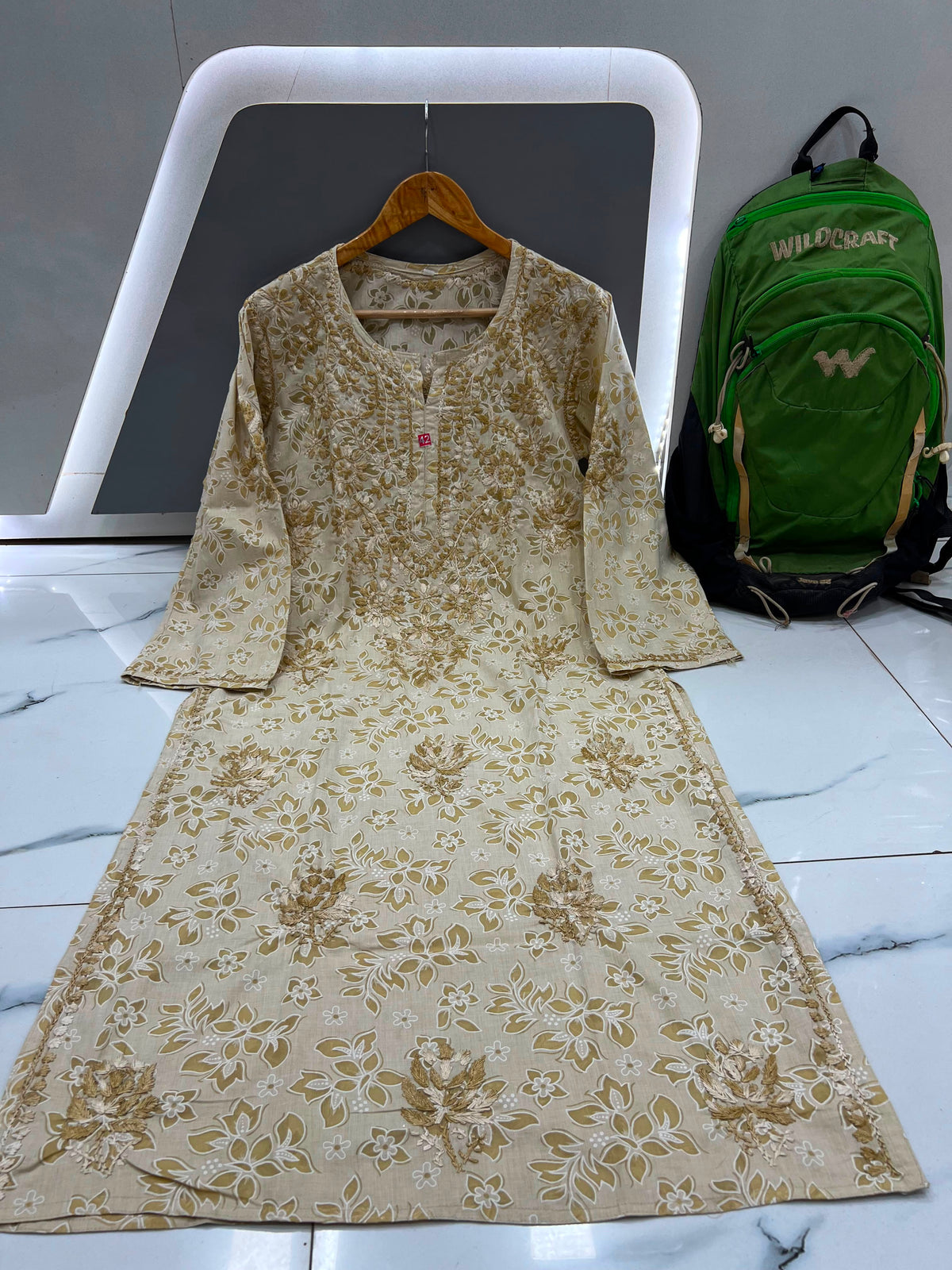 Handcrafted Lucknowi Chikankari Floral Printed Cotton Long Kurta