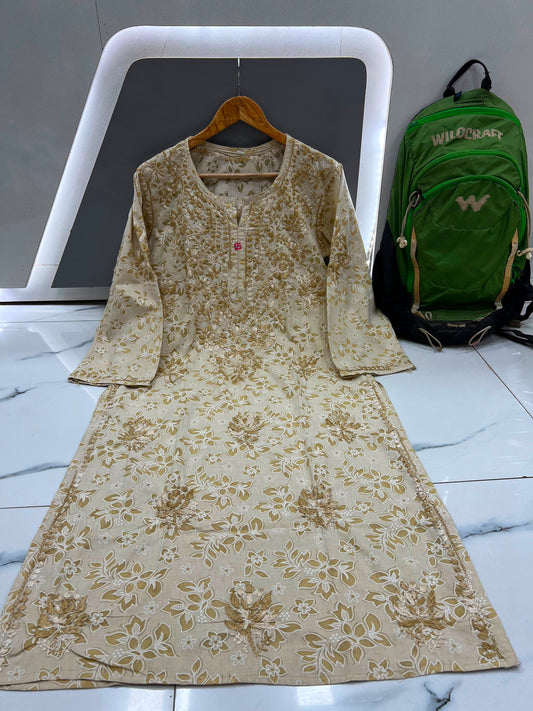 Handcrafted Lucknowi Chikankari Floral Printed Cotton Long Kurta