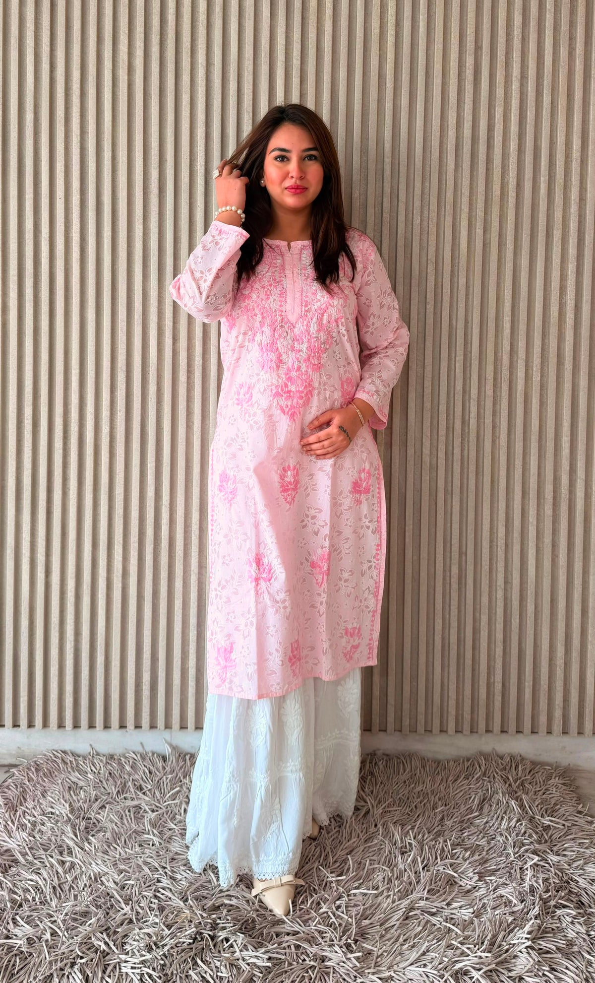 Handcrafted Lucknowi Chikankari Floral Printed Cotton Long Kurta