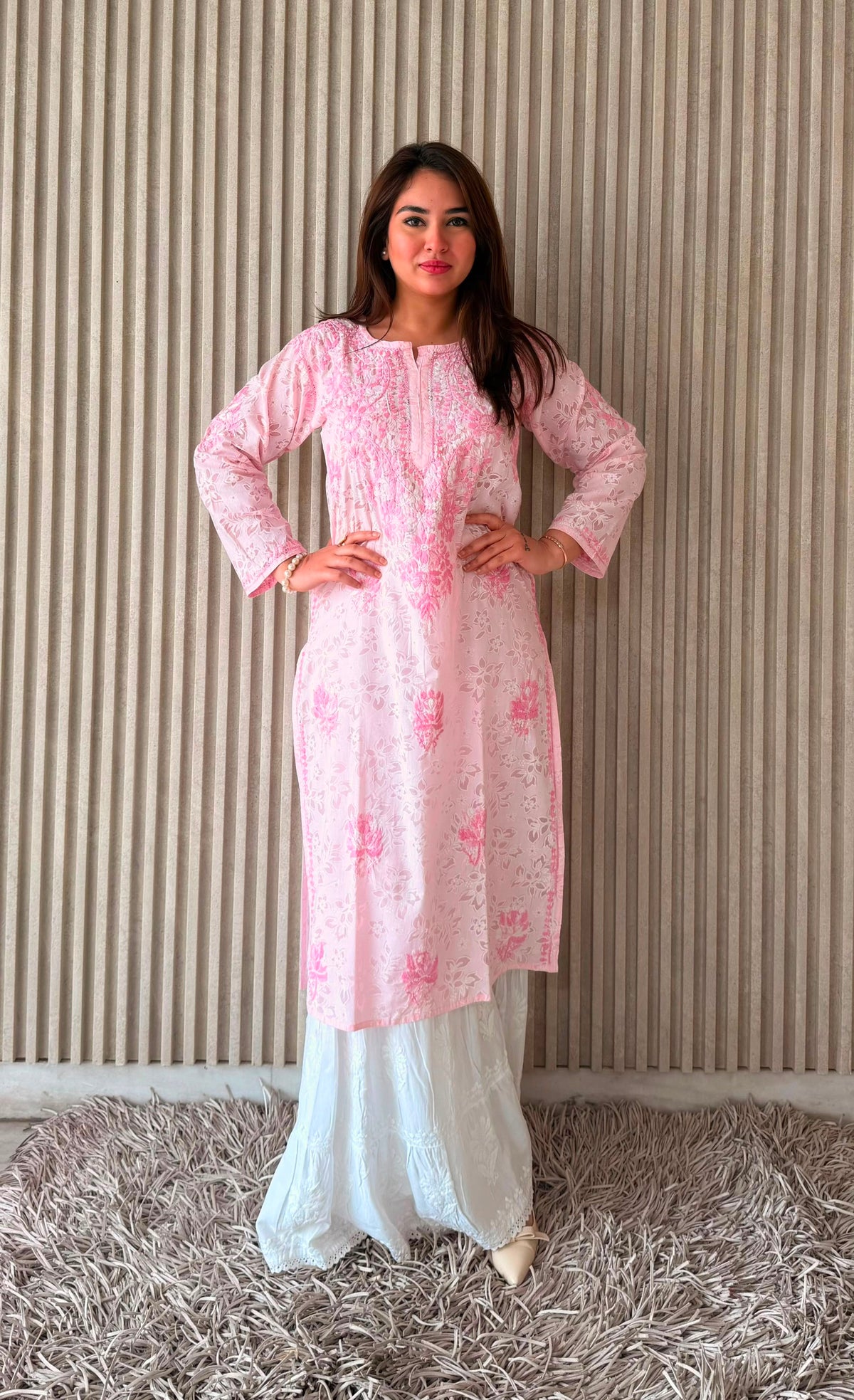Handcrafted Lucknowi Chikankari Floral Printed Cotton Long Kurta
