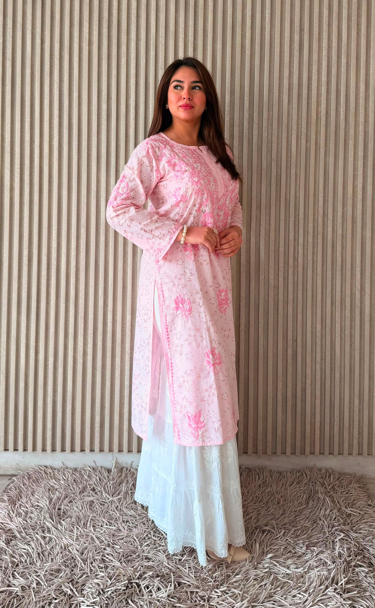Handcrafted Lucknowi Chikankari Floral Printed Cotton Long Kurta