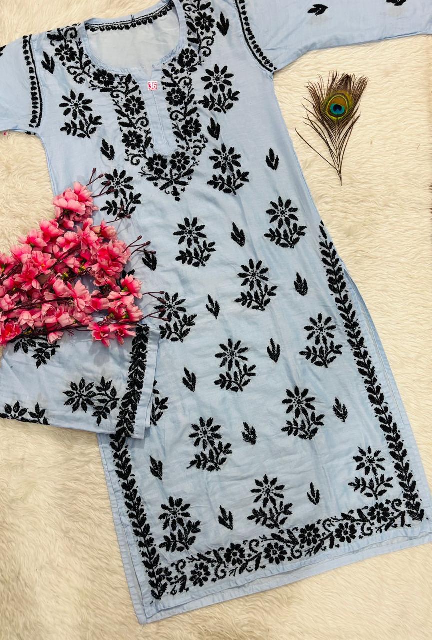 Women’s Floral Embroidered Kurta | Black Thread Work Straight Kurti