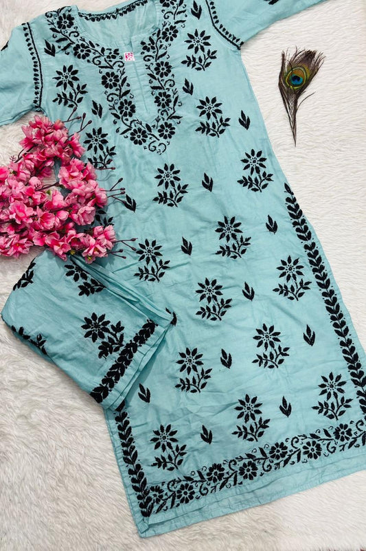 Women’s Light Blue Floral Embroidered Kurta Set with Pants
