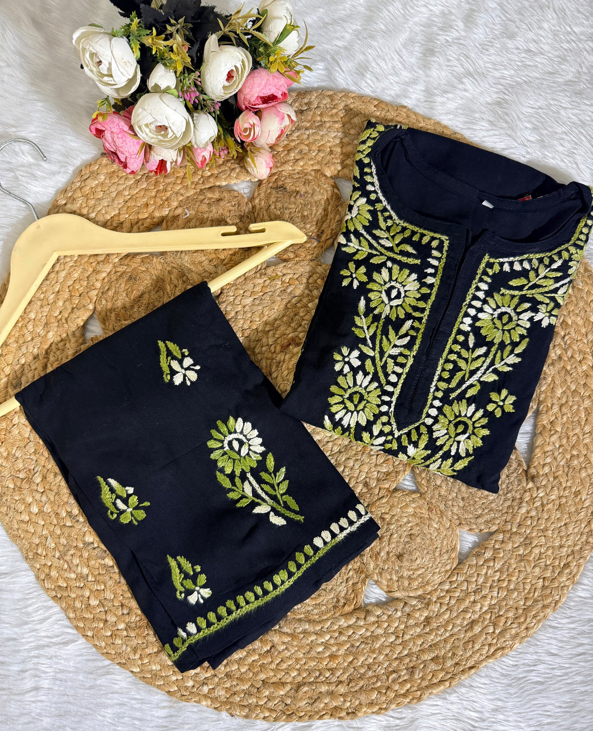 Women’s Black Embroidered Kurta Set | Floral Thread Work Kurti with Bottom