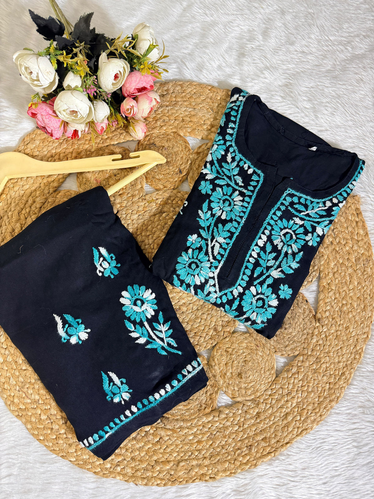 Women’s Black Embroidered Kurta Set | Floral Thread Work Kurti with Bottom