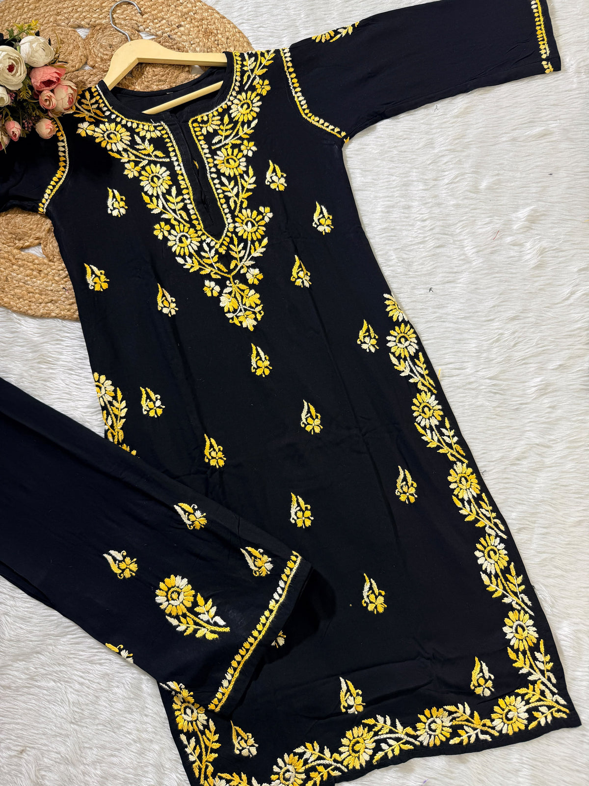 Women’s Black Embroidered Kurta Set | Floral Thread Work Kurti with Bottom