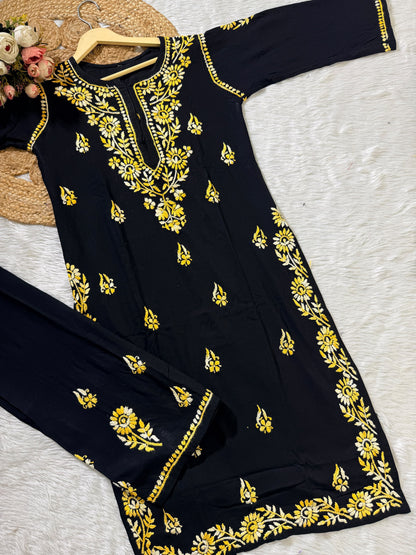 Women’s Black Embroidered Kurta Set | Floral Thread Work Kurti with Bottom