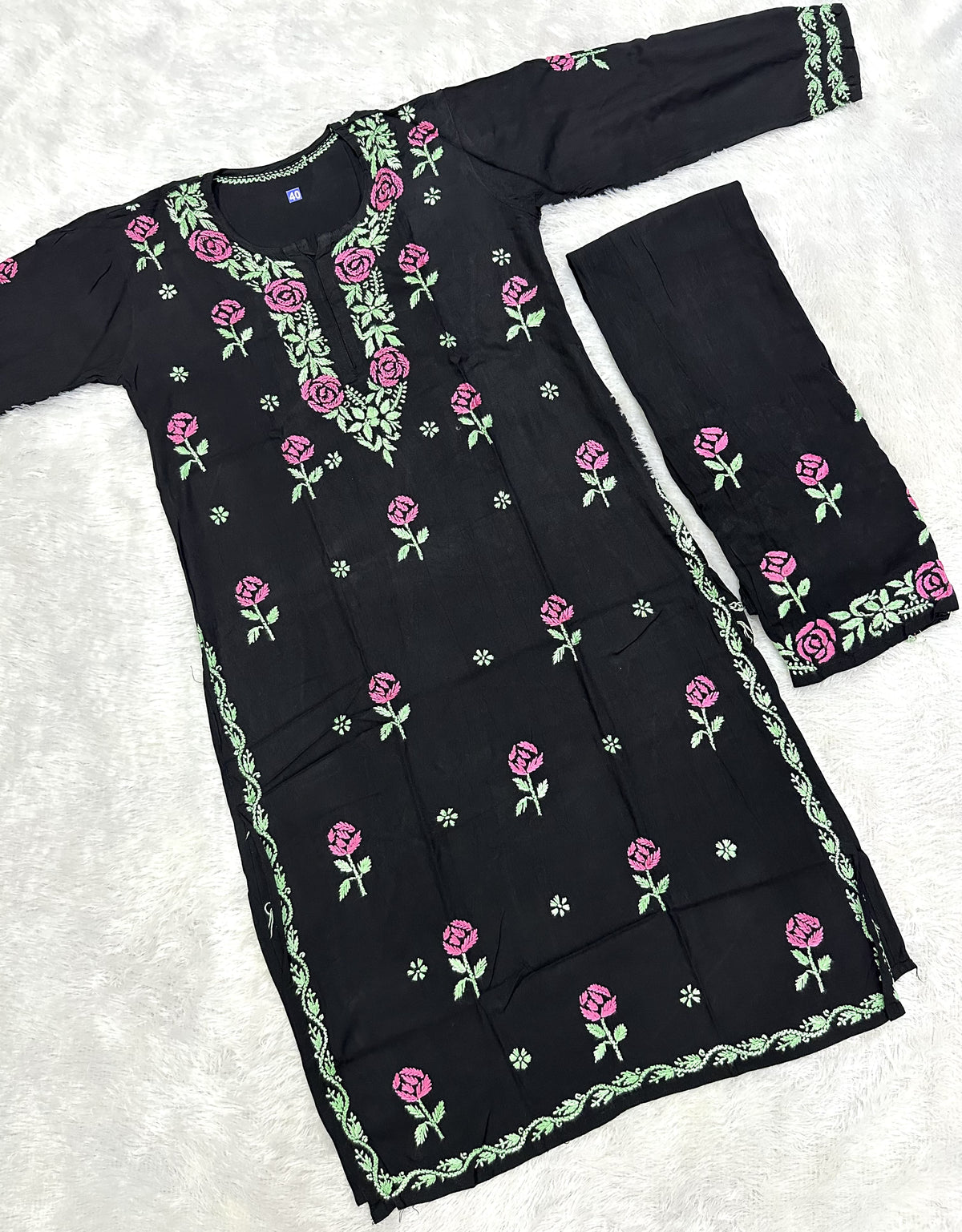 Women’s Black Embroidered Kurta Set | Floral Thread Work Kurti with Bottom