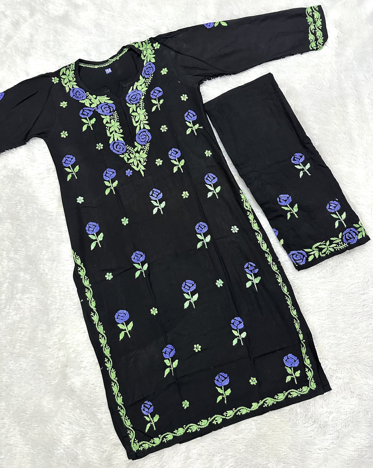 Women’s Black Embroidered Kurta Set | Floral Thread Work Kurti with Bottom