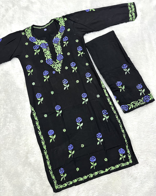 Women’s Black Embroidered Kurta Set | Floral Thread Work Kurti with Bottom