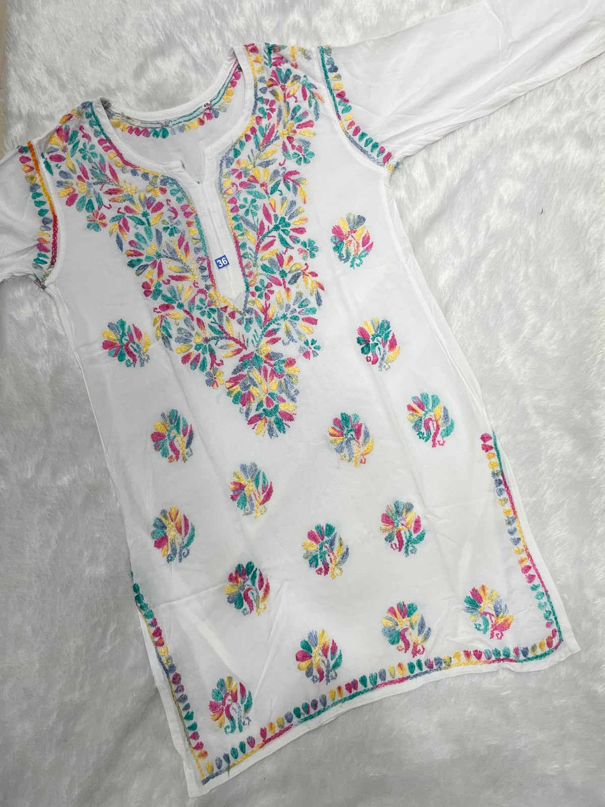 Women’s White Embroidered Cotton Kurti | Multicolor Floral Thread Work Kurta