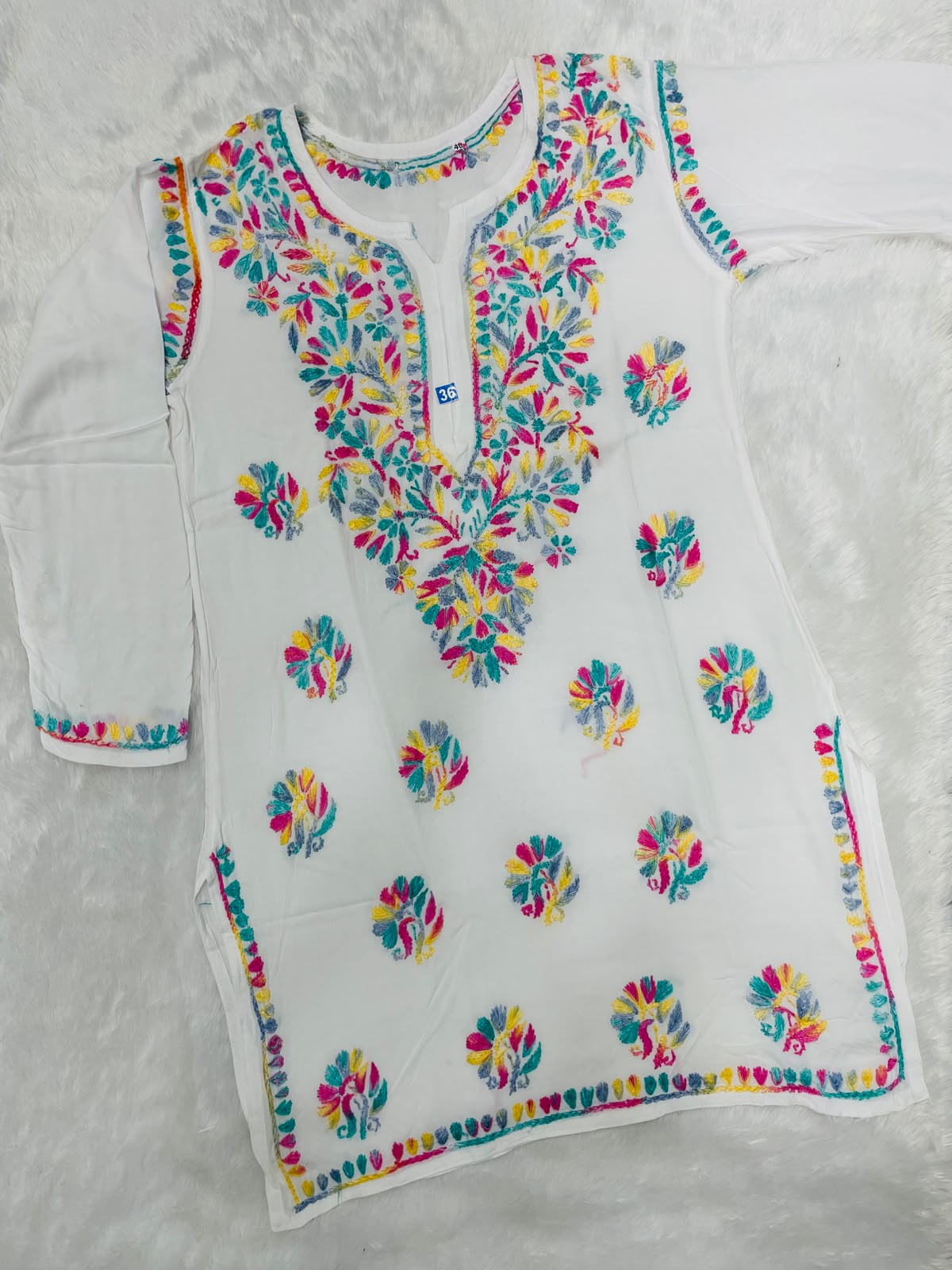 Women’s White Embroidered Cotton Kurti | Multicolor Floral Thread Work Kurta