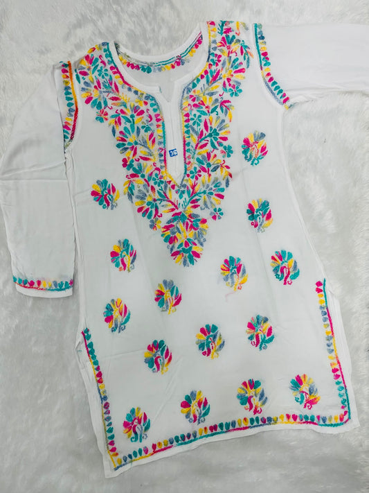 Women’s White Embroidered Cotton Kurti | Multicolor Floral Thread Work Kurta