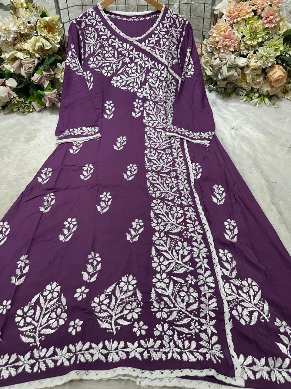 Women’s Floral Embroidered Flared Kurta with Front Panel