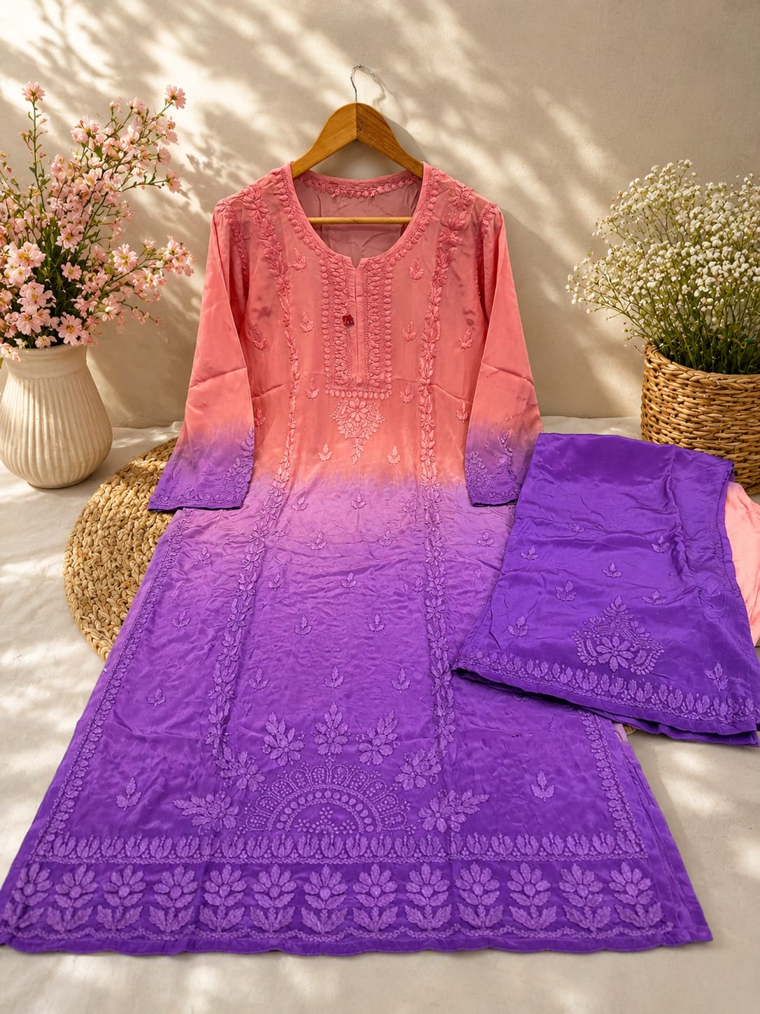 Handcrafted Lucknowi Chikankari Viscose Silk Kurta & Pant Set | Ombre & Solid Festive Suit