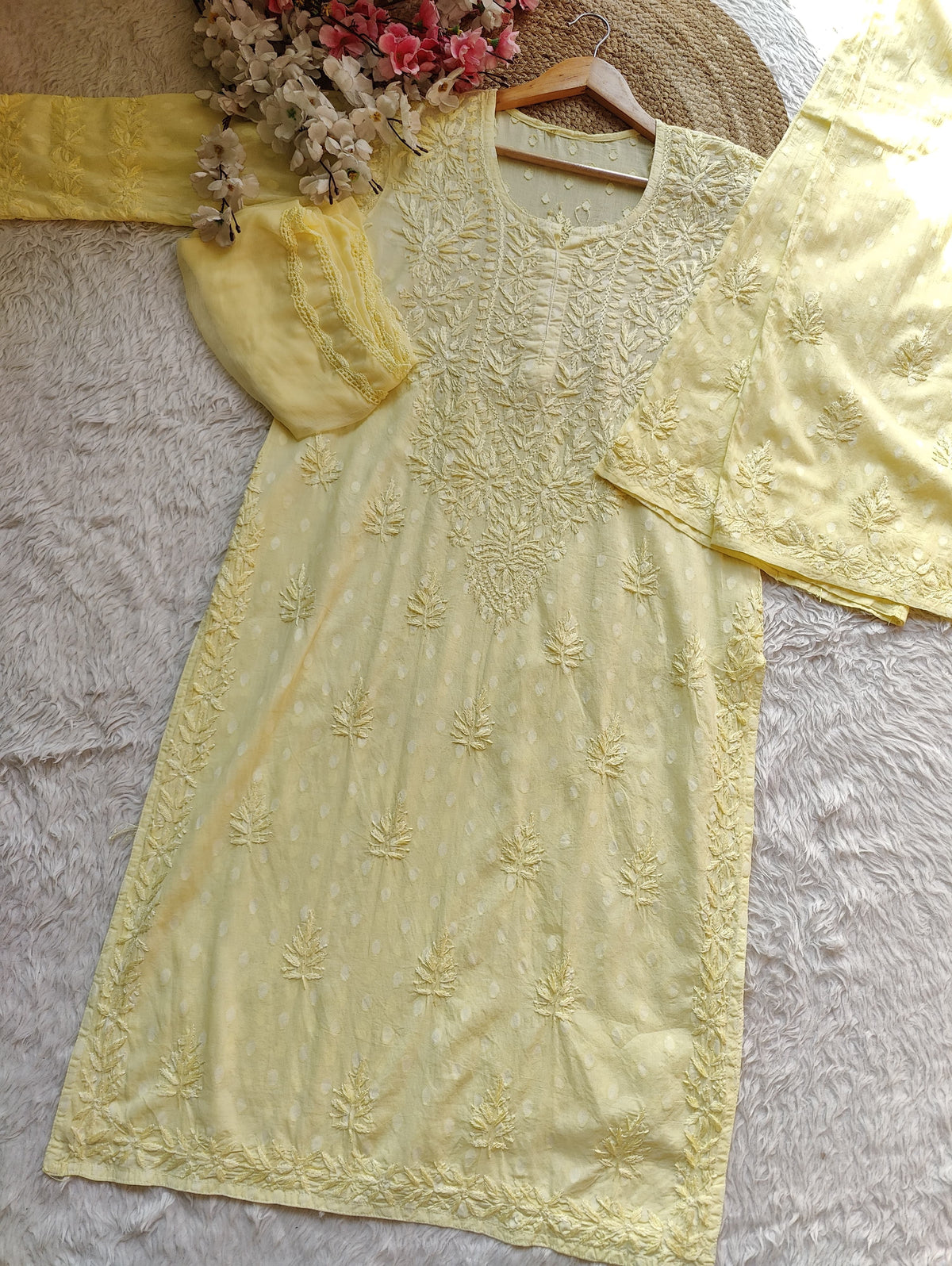 Handcrafted Lucknowi Chikankari Viscose Silk Kurta & Pant Set | Ombre & Solid Festive Suit