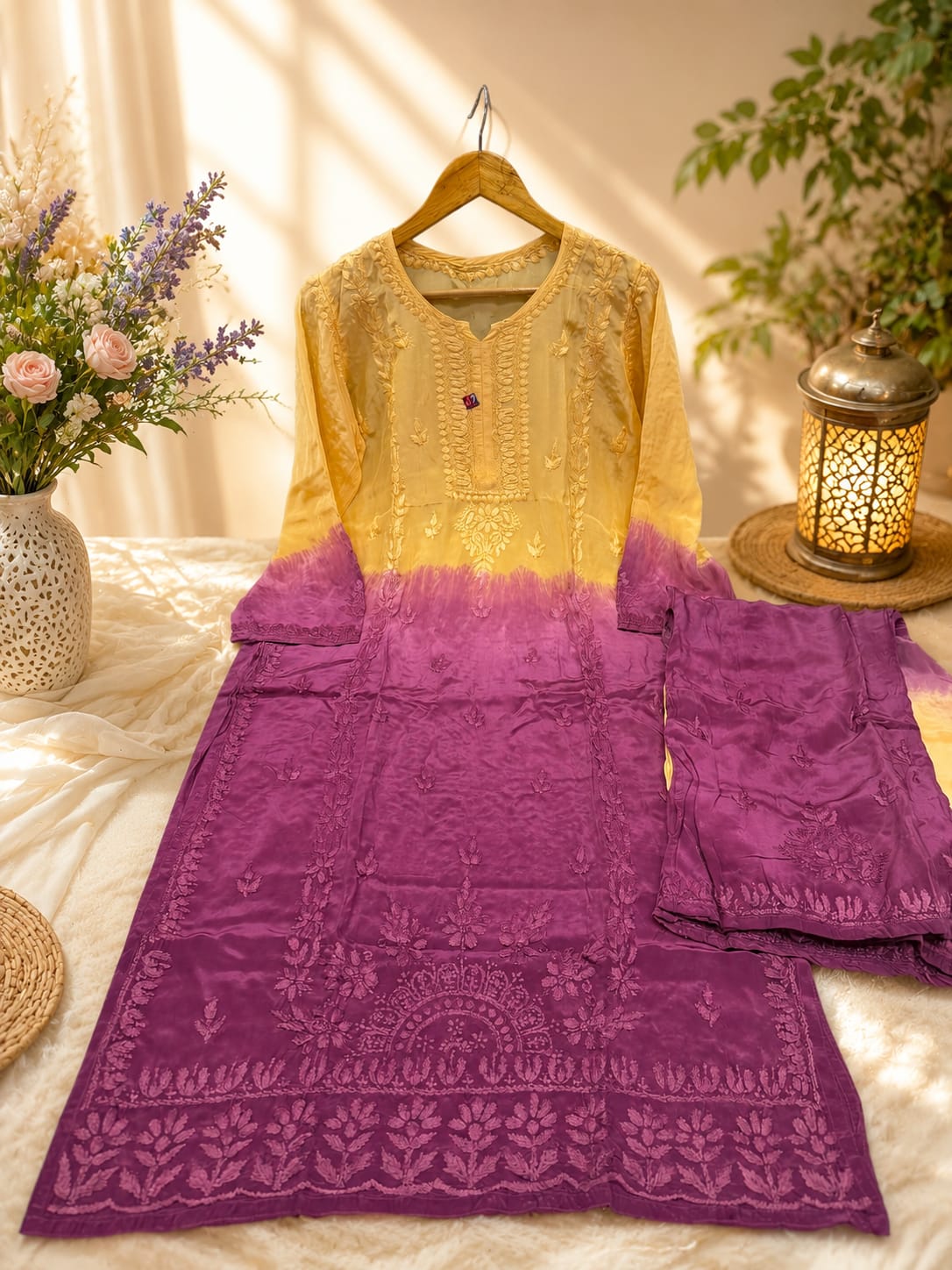 Handcrafted Lucknowi Chikankari Viscose Silk Kurta & Pant Set | Ombre & Solid Festive Suit