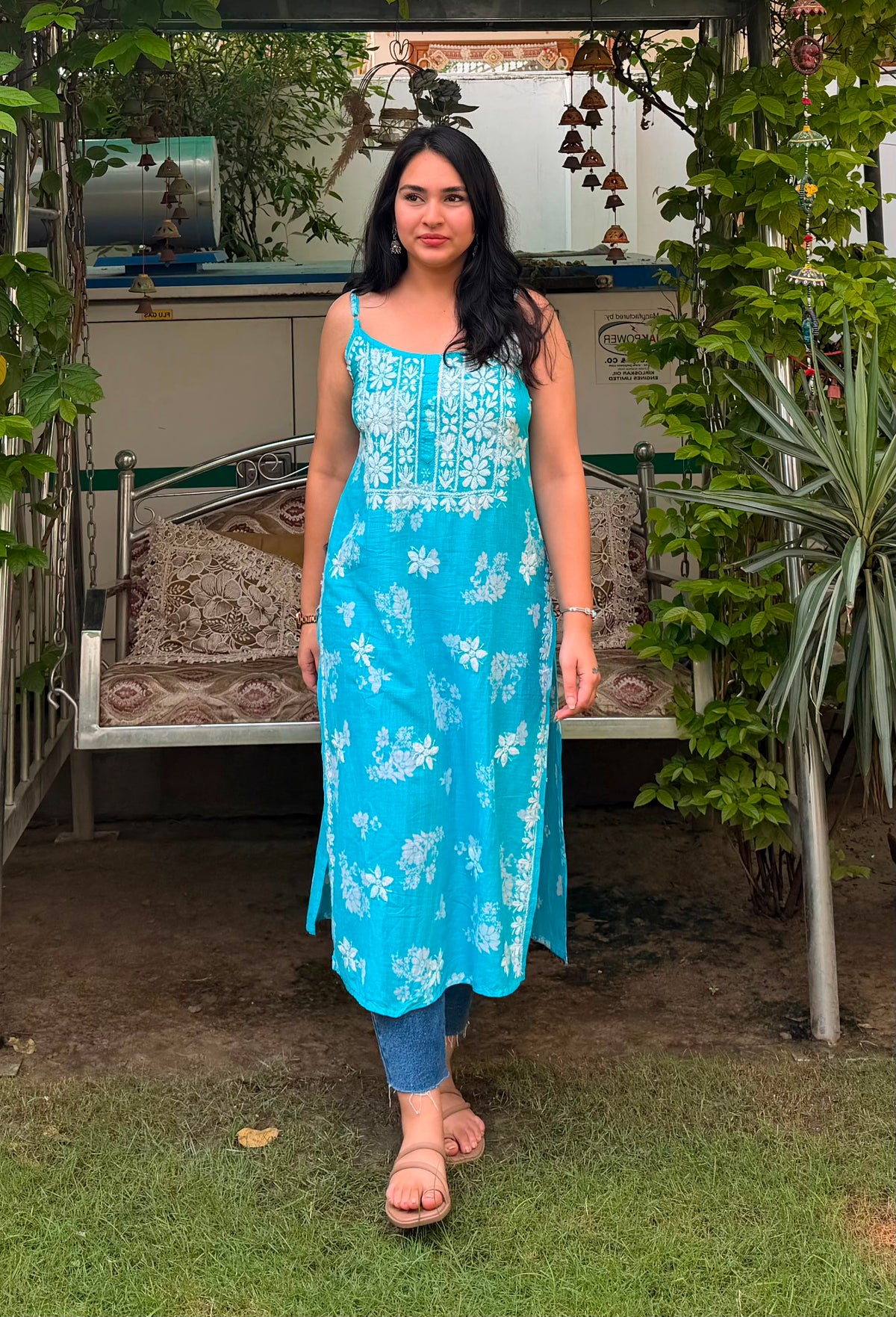 Sleeveless Lucknowi Chikankari Cotton Long Kurta with White Floral Embroidery | Strappy Summer Kurti Dress