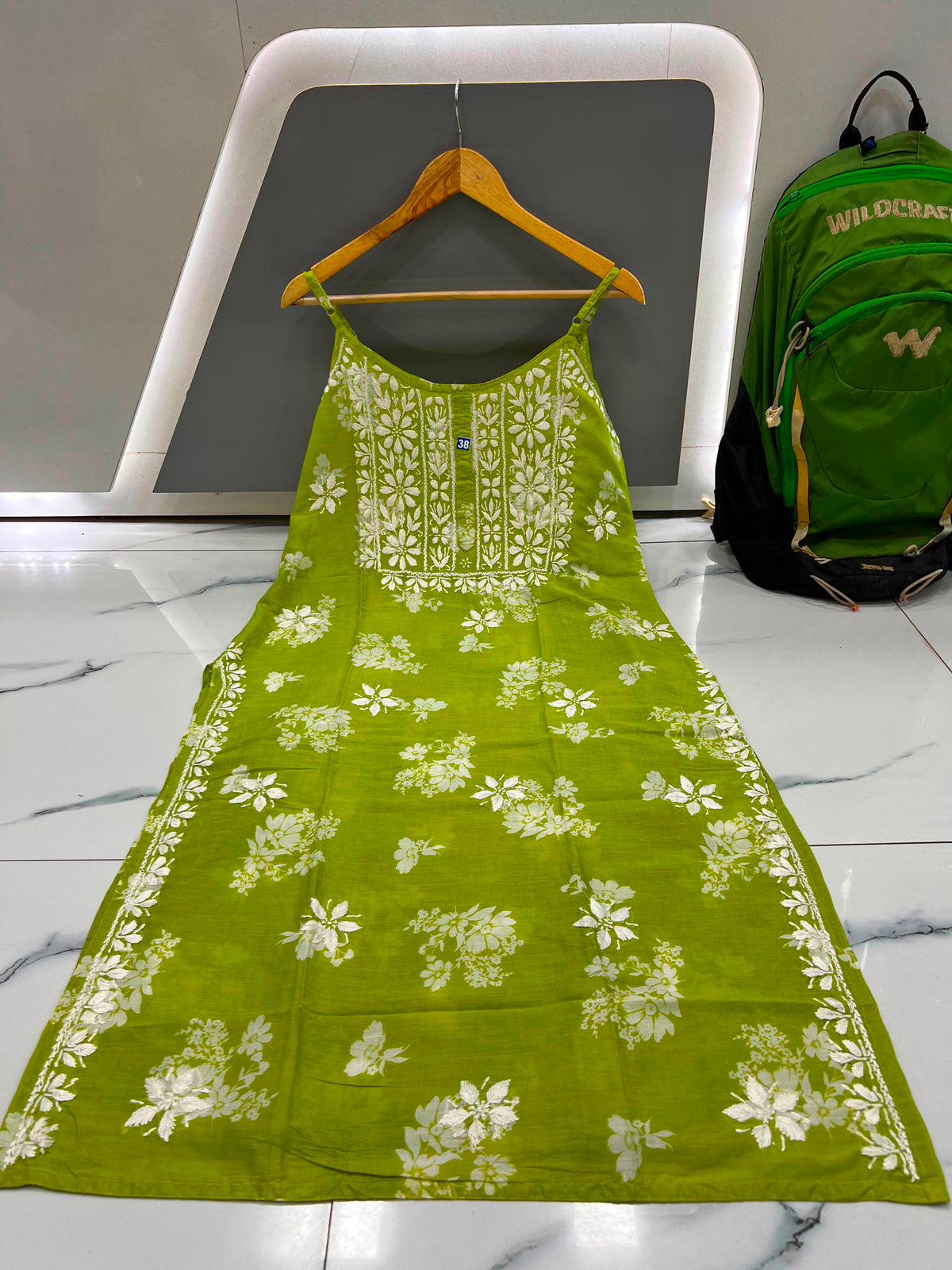 Sleeveless Lucknowi Chikankari Cotton Long Kurta with White Floral Embroidery | Strappy Summer Kurti Dress