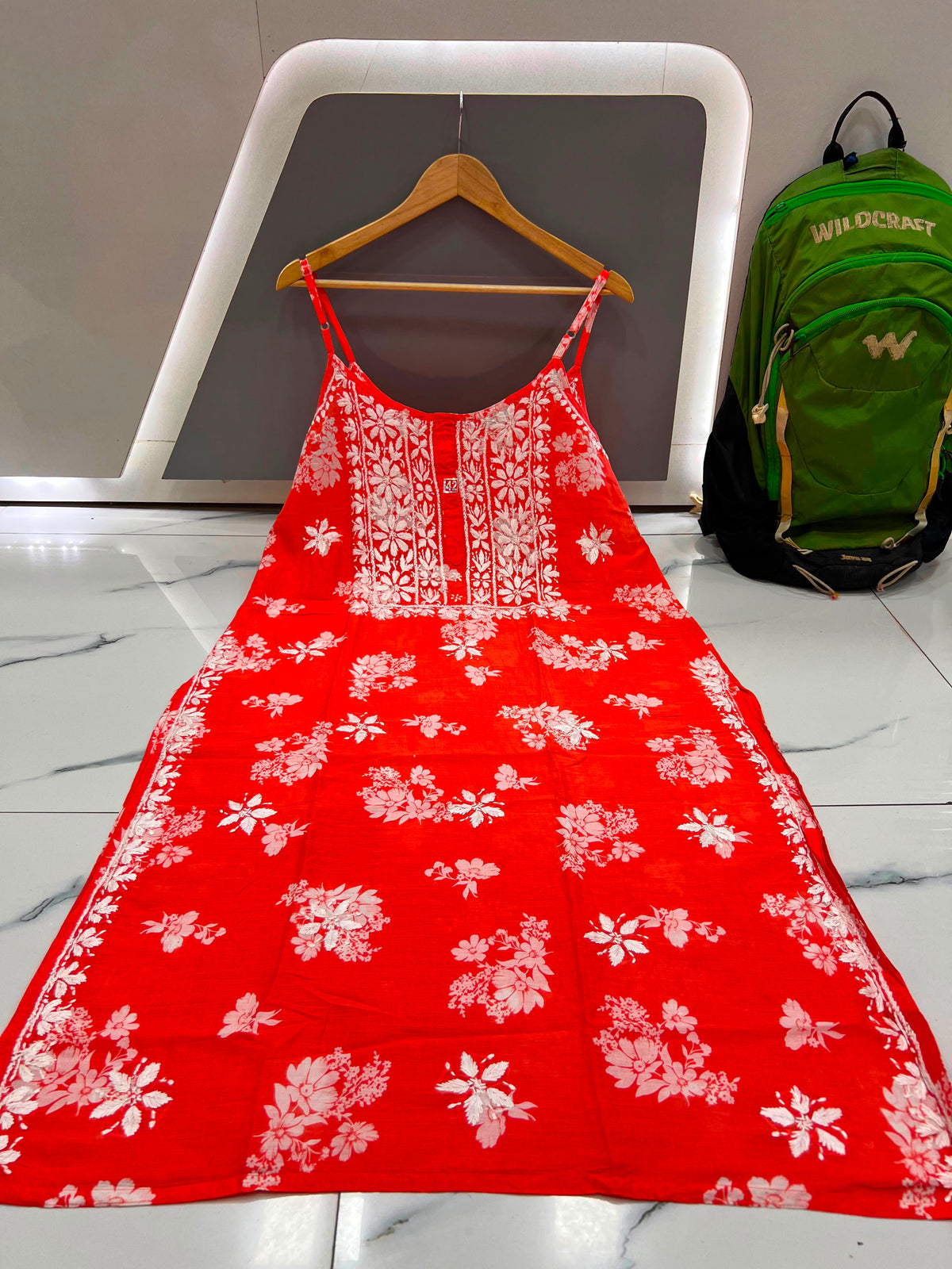 Sleeveless Lucknowi Chikankari Cotton Long Kurta with White Floral Embroidery | Strappy Summer Kurti Dress