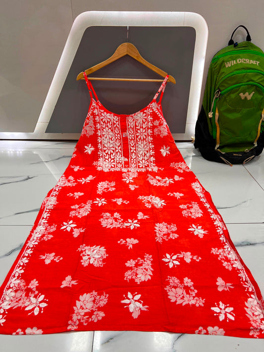 Sleeveless Lucknowi Chikankari Cotton Long Kurta with White Floral Embroidery | Strappy Summer Kurti Dress