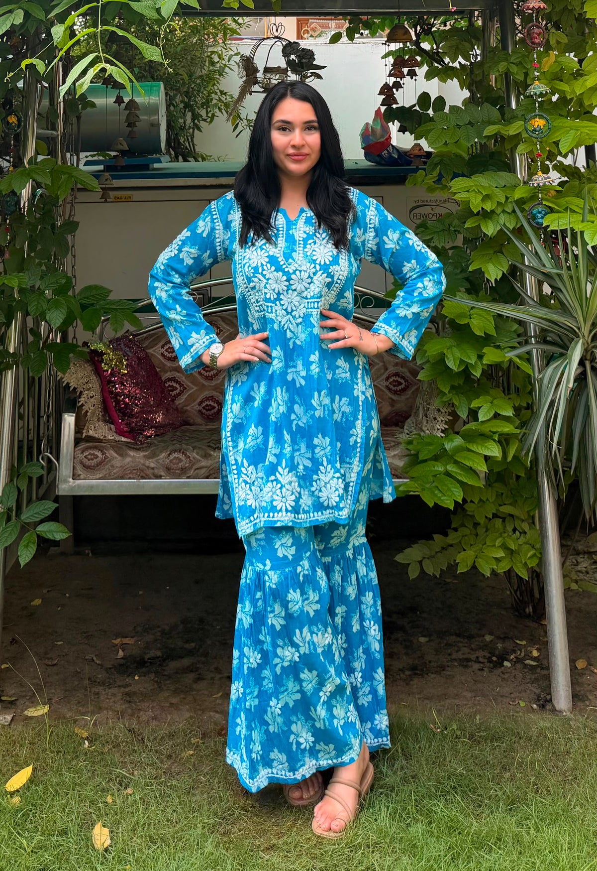 Women’s Blue Floral Embroidered Kurta Gharara Set