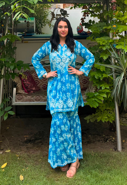 Women’s Blue Floral Embroidered Kurta Gharara Set