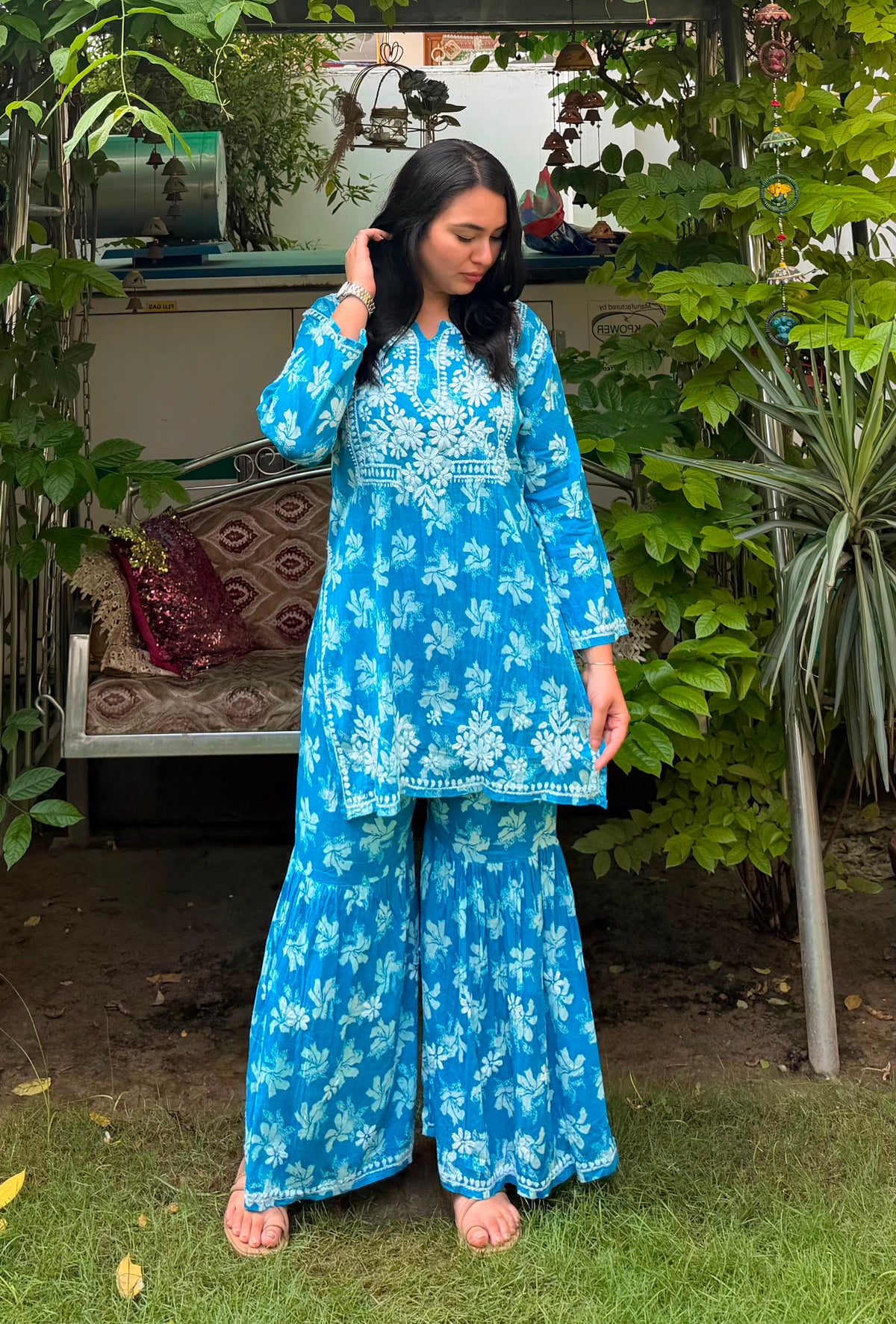Women’s Blue Floral Embroidered Kurta Set with Palazzo Pants