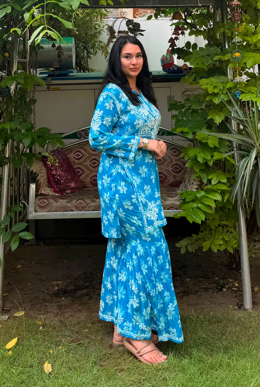 Women’s Blue Floral Embroidered Kurta Gharara Set