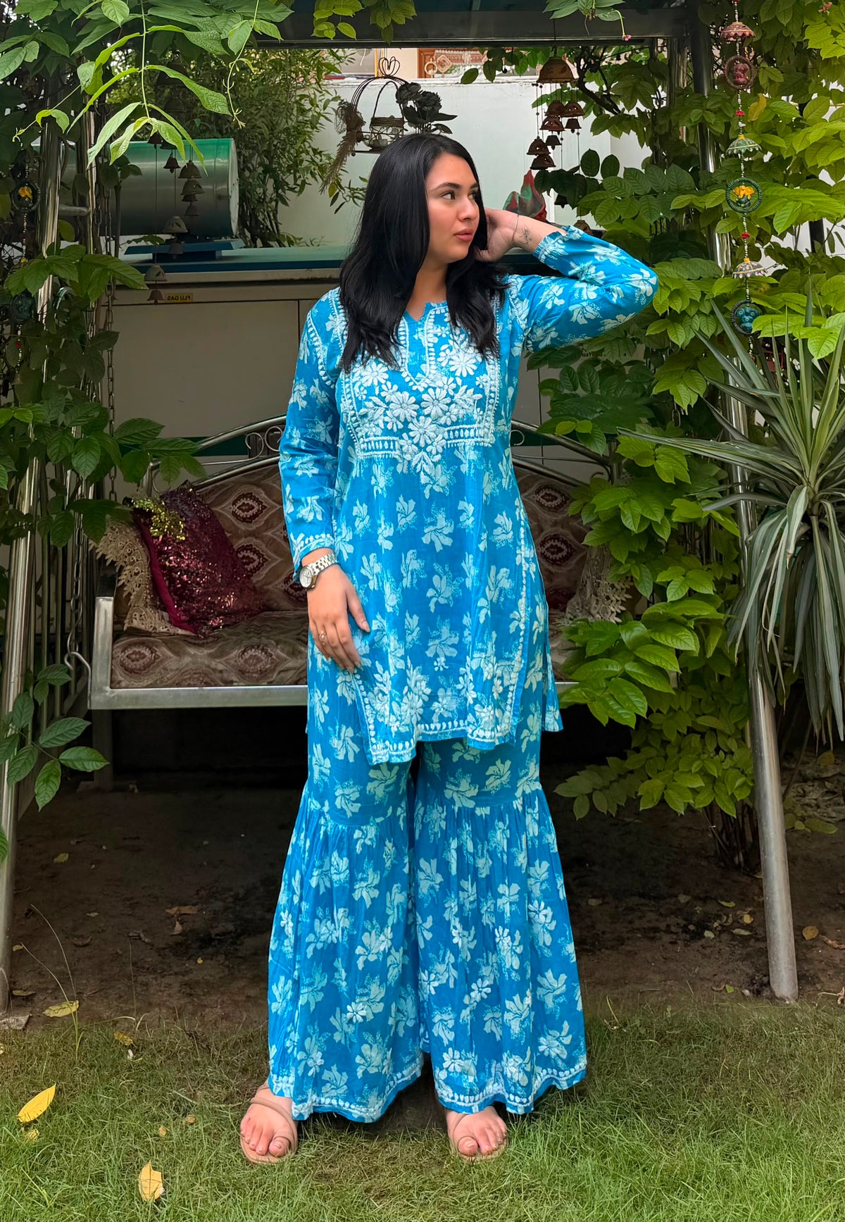 Women’s Blue Floral Embroidered Kurta Gharara Set