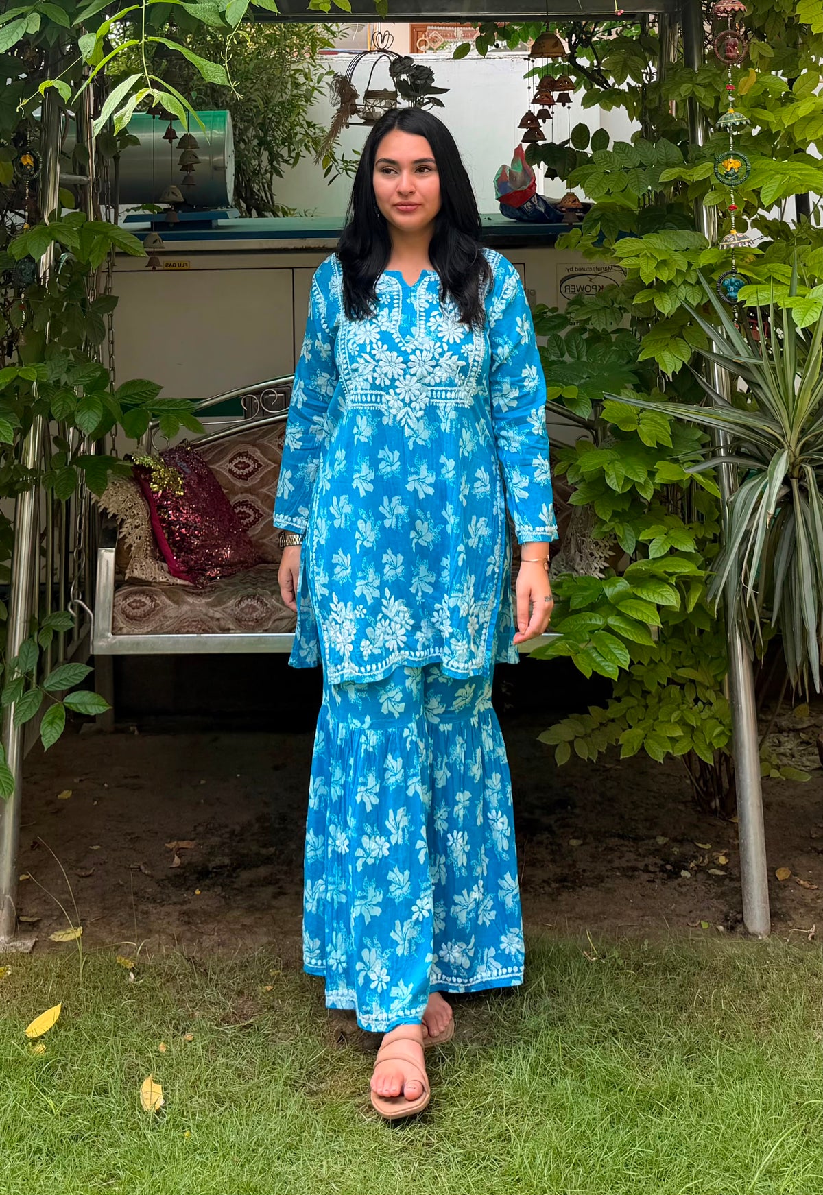 Women’s Blue Floral Embroidered Kurta Set with Palazzo Pants