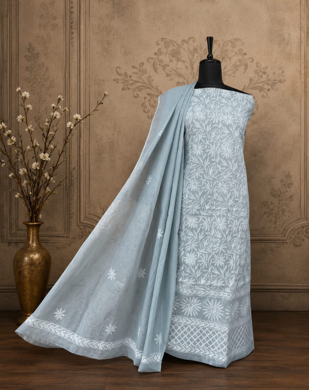 Handcrafted Lucknowi Chikankari Chanderi Cotton Unstitched Suit Set with Embroidered Dupatta