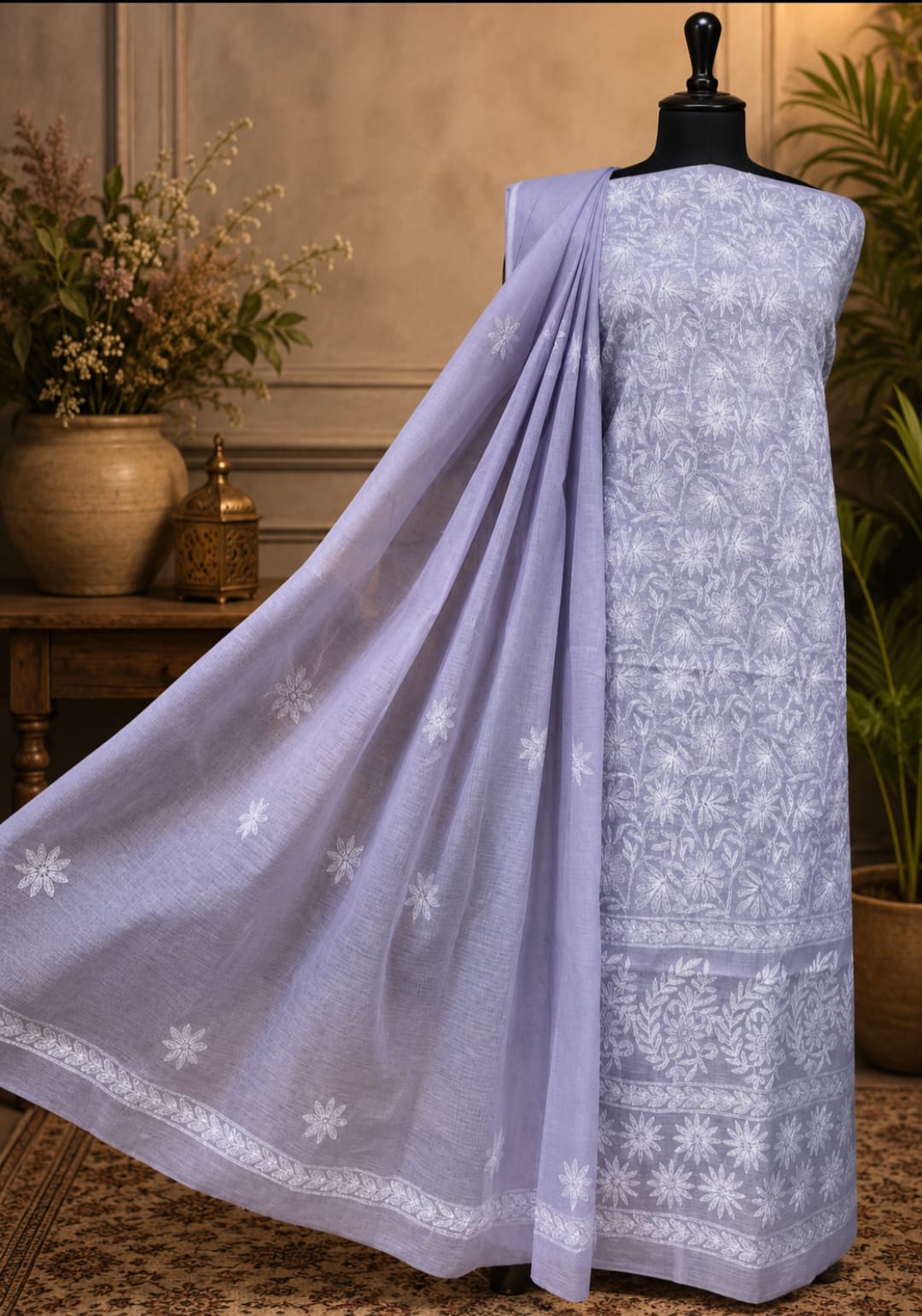 Handcrafted Lucknowi Chikankari Chanderi Cotton Unstitched Suit Set with Embroidered Dupatta