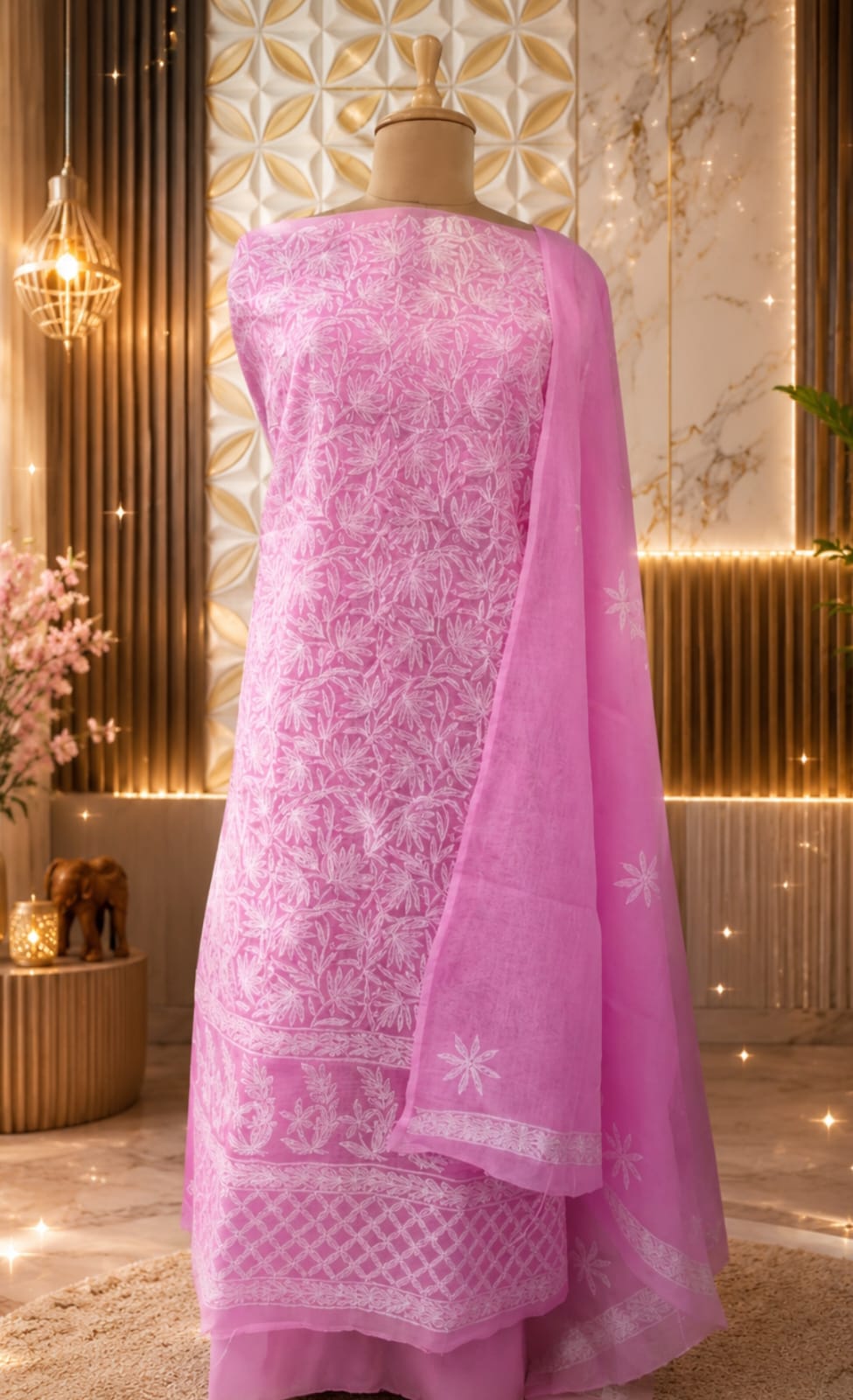 Handcrafted Lucknowi Chikankari Chanderi Cotton Unstitched Suit Set with Embroidered Dupatta