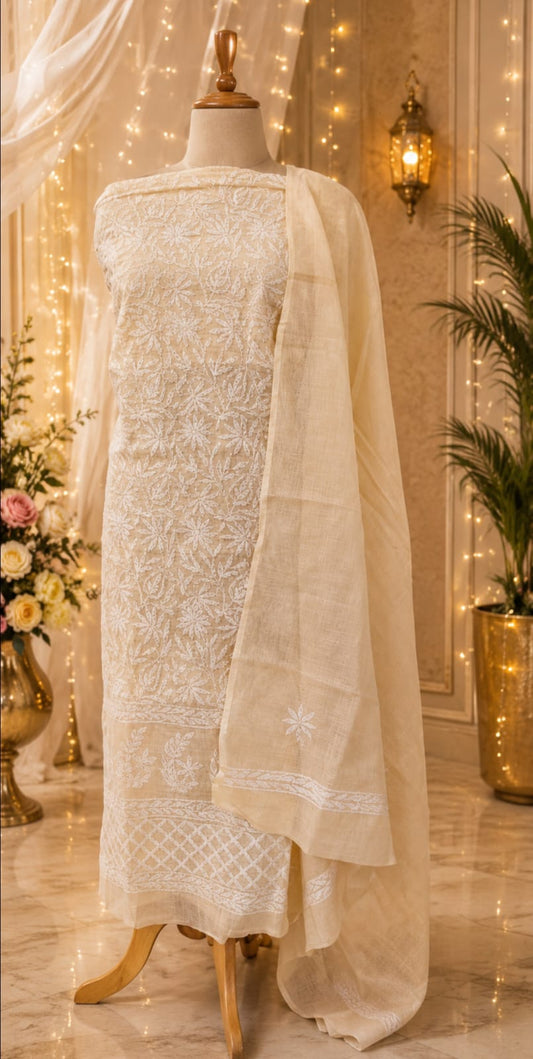 Handcrafted Lucknowi Chikankari Chanderi Cotton Unstitched Suit Set with Embroidered Dupatta